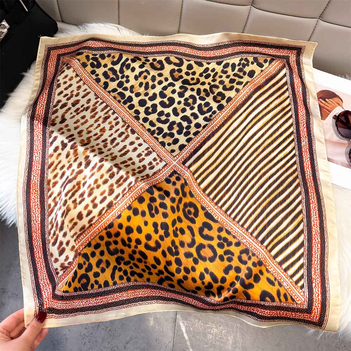 Women'S Fashion Poncho - Leopard Print 65cm Silk Scarf Women